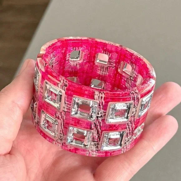 CHANEL 2014 Pink Tweed Inlay Crystal CC Cuff Bracelet - Picture 2 of 6
